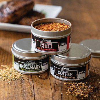 Shake Things Up gift set with Mediterranean Rosemary, Roasted Coffee and Sweet Smoked Chili rubs wrapped in cellophane with a bow