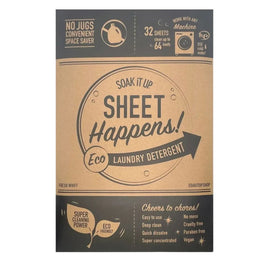 SHEET Happens! Eco Laundry Detergent sheets package showcasing the product's compostable packaging and individual sheets with text highlighting the key benefits: zero waste, dissolves quickly, works in all washing machines, and safe for the environment.