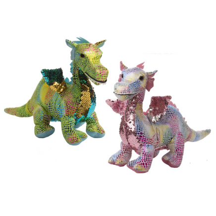 Choose from either pink or green dragon. These 16 inch long shimmery dragons are great for the imagination of a preschooler. Soft and cuddly.