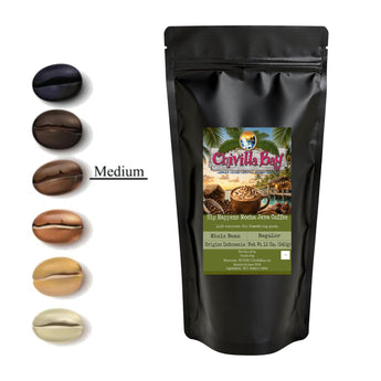 Chivilla Bay's Sip Happens Mocha Java Coffee Bag with Coffee Beans in a Medium Roast.