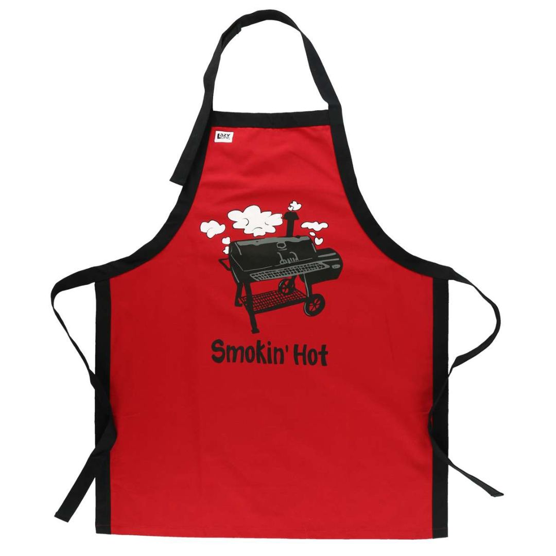 Smokin' Hot BBQ apron with smoking grill graphic, made of 100% woven cotton, adjustable neck strap, and contrasting trim