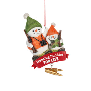 Snowmen Hunting Buddies for Life Ornament with rifles and orange and camoflage vests.