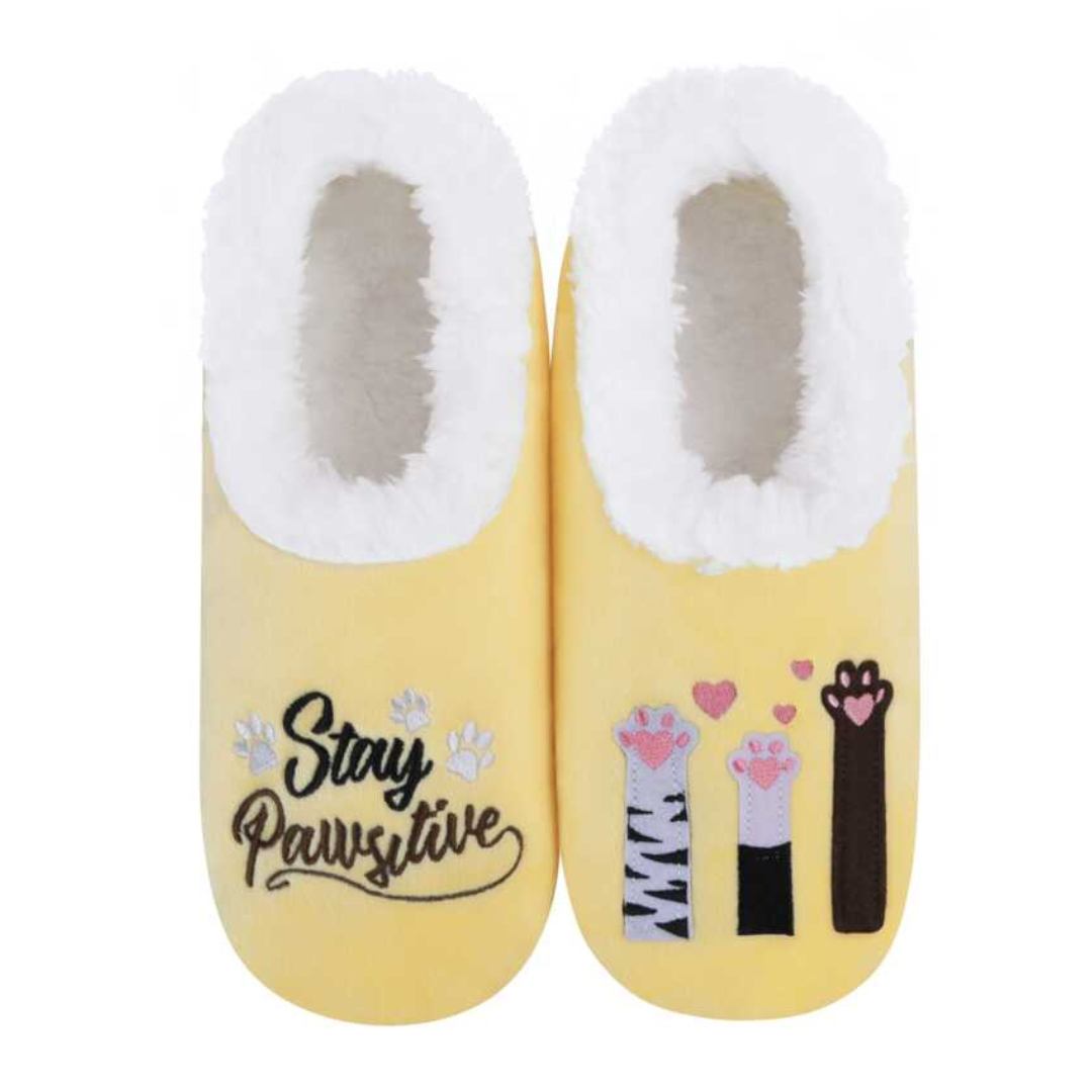 Funny Cat Slippers with Stay Pawsitive message embroidered on these yellow soft mocassins