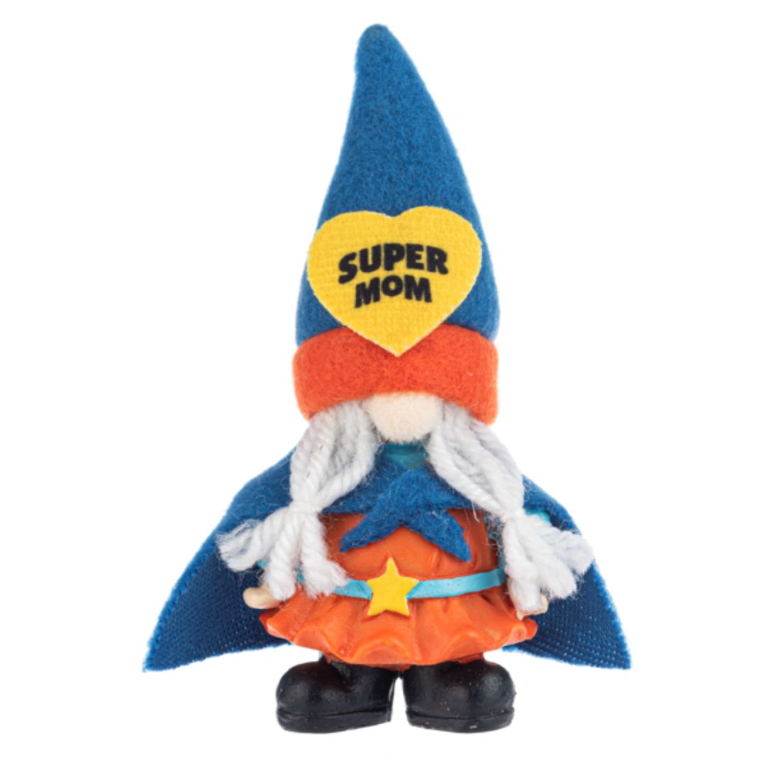 4 inch Super Mom Gnome made with polyresin and assorted fabrics.