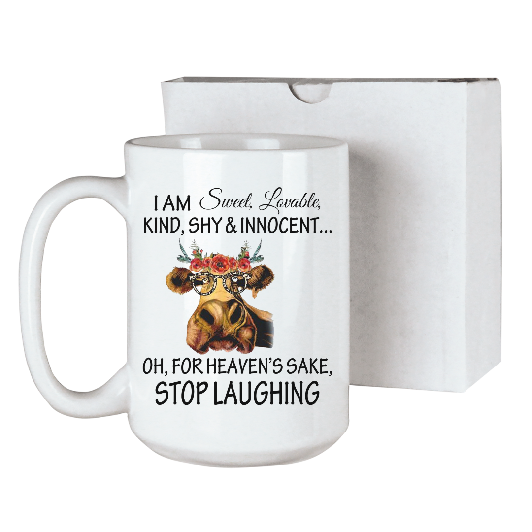 Sweet, loveable, kind, shy & innocent...oh, for heaven's sake stop laughing funny cow with glasses ceramic coffee mug