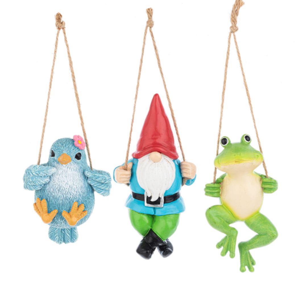 Swinging into the Garden Ornaments featuring a blue bird, a frolicking gnome and a green frog