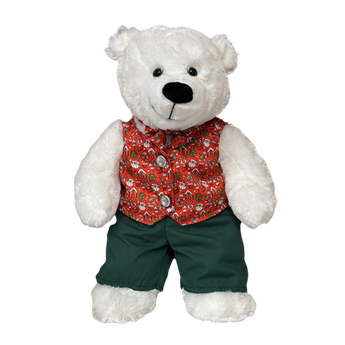 White Teddy Bear wearing holiday-print vest, matching bow tie, and green denim pants outfit