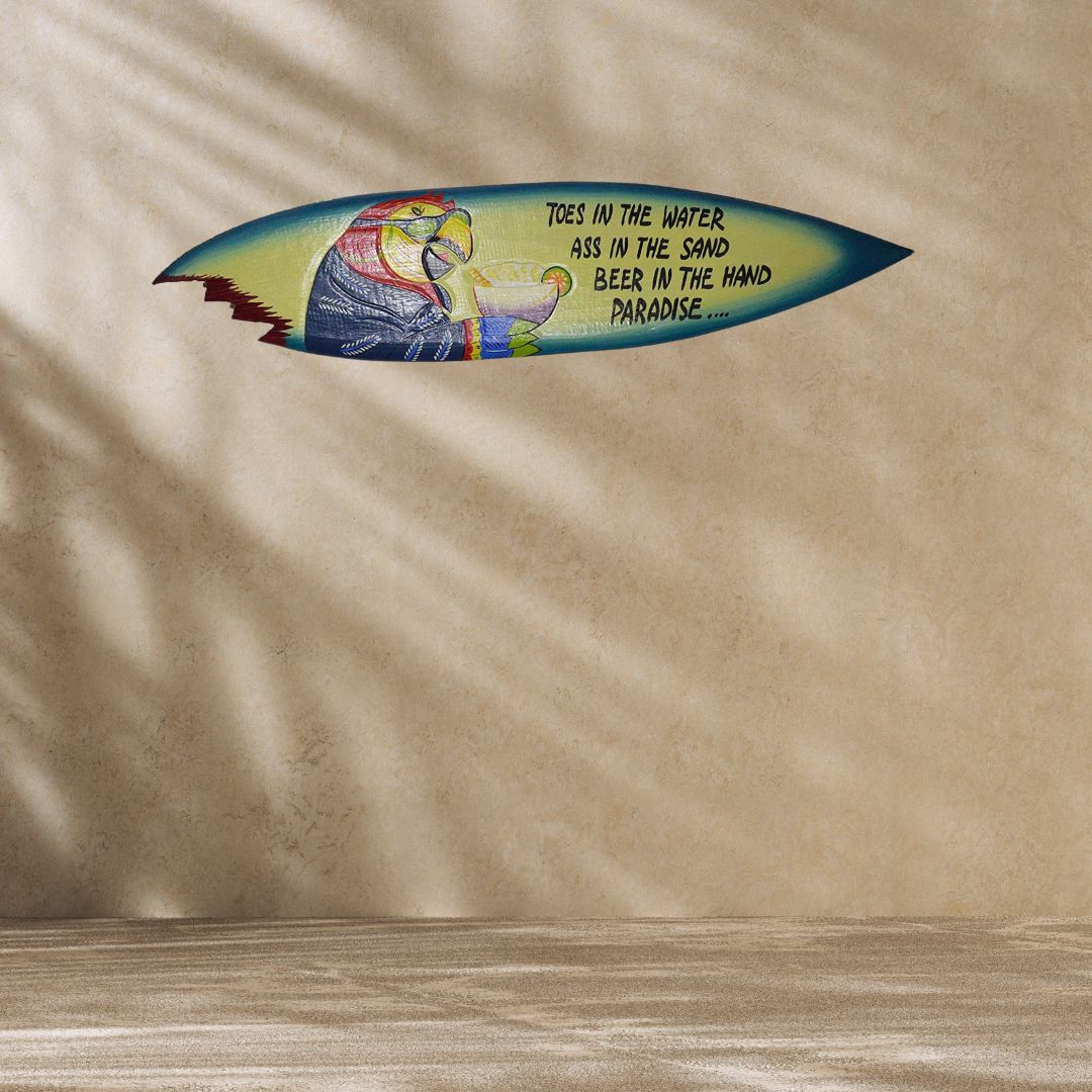 Tropical Surfboard Sign with Parrot and Margarita - Beach Themed Decor