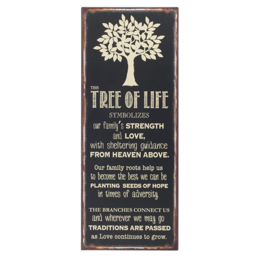 Elegant Tree of Life Metal Wall Sign with a heartwarming family message, crafted from lightweight iron, measuring 12"x30", complete with a wall hanger for easy mounting.