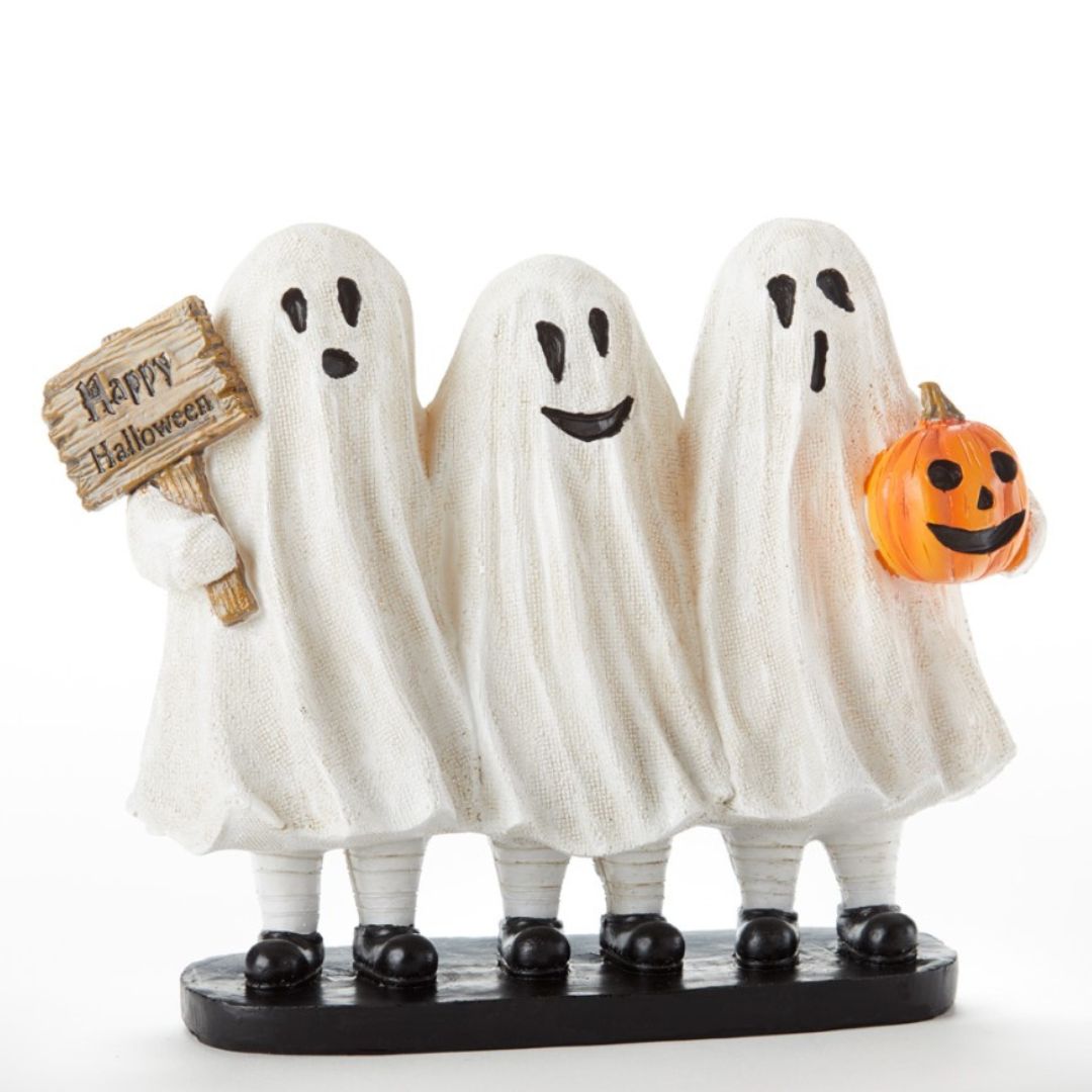 Three Ghosts with Happy Halloween Sign and Pumpkin Figurine from Delton Corporation