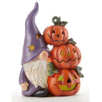 Halloween Warlock Gnome with 3 stacked pumpkins light up figurine
