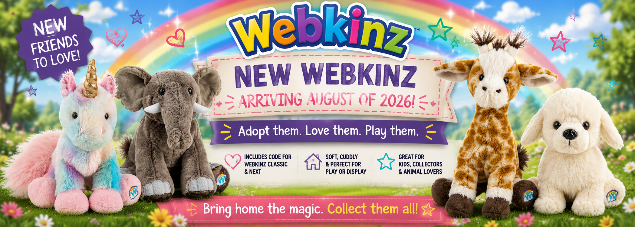 A promotional banner for Webkinz plush toys, featuring several stuffed animals including a unicorn, elephant, giraffe, and white dog, with a rainbow, stars, and the text 'NEW WEBKINZ' and 'Adopt them. Love them.