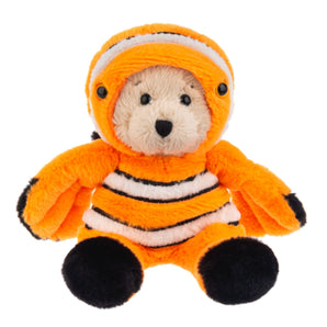 Stuffed bear toy wearing an orange clownfish costume on a white background