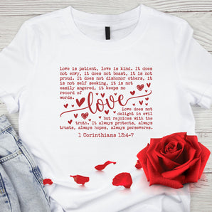 White t-shirt with Love is Patient Love Is Kind scripture design