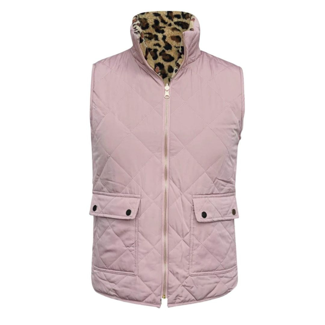 Womens Pink Puffer Cheetah Sherpa Vest - Reversible