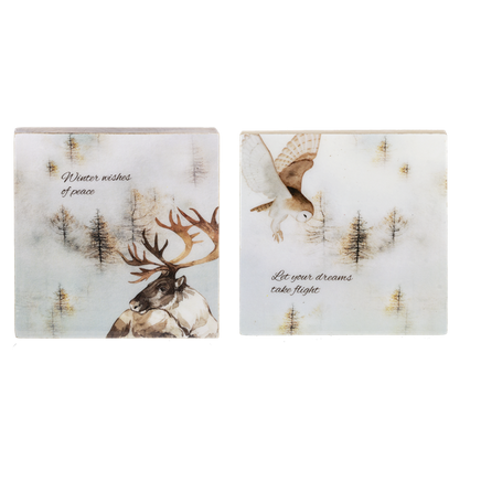 Reindeer and Owl Woodland Scene printed on wood block 