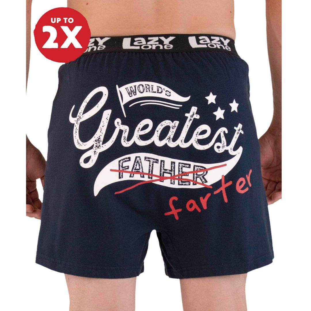 Men's dress blue boxers with 'World's Greatest Farter' design, featuring a button fly and exposed elastic waistband