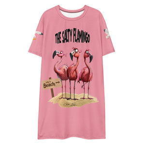 Pink oversized nightshirt with three flamingos graphic and beach sign, worn as beach cover-up and casual t-shirt dress.