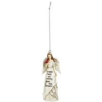 Christmas Angel holding red cardinal with carved "in spirit, heart and memory, Love lives forever" inscribed on angel.