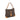 Brown patterned handbag with tan accents on a white background