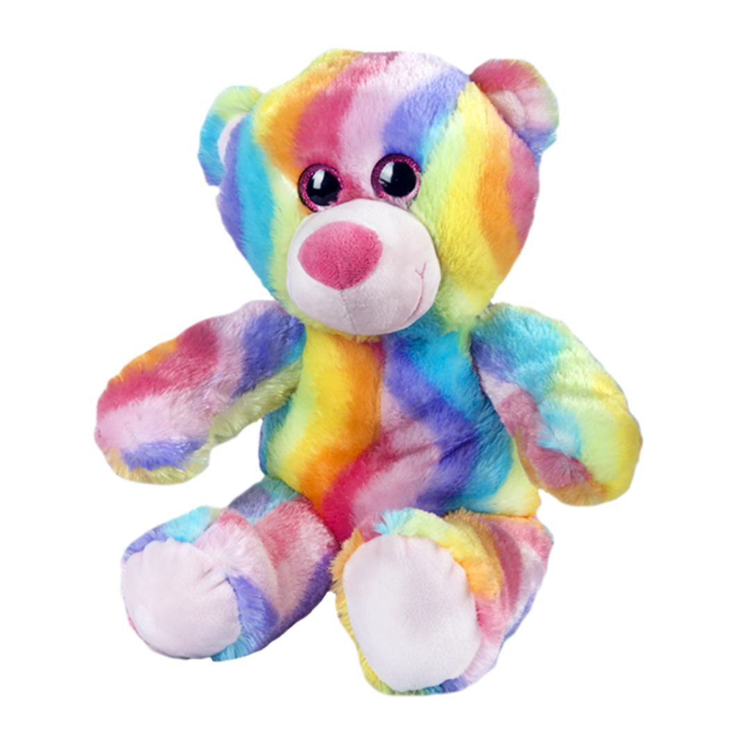 16-inch Bubble Gum Bear with rainbow fur, ideal for dress-up and pretend play, available at Chivilla Bay.