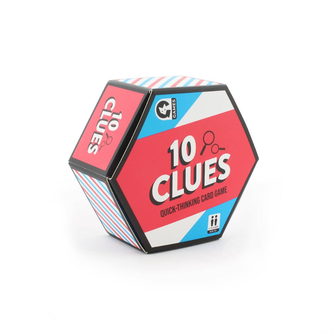 Box of 10 clues Family Card Game showing cards and text, perfect for family game night, suitable for ages 8 and up, 2+ players.