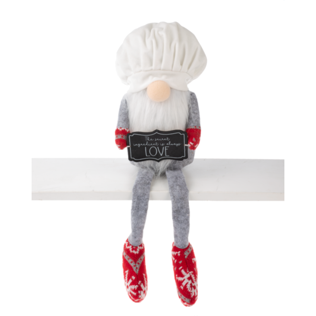 Fabric Gnome Chef Shelf Sitter with sign that reads "the secret ingrediant is always love"
