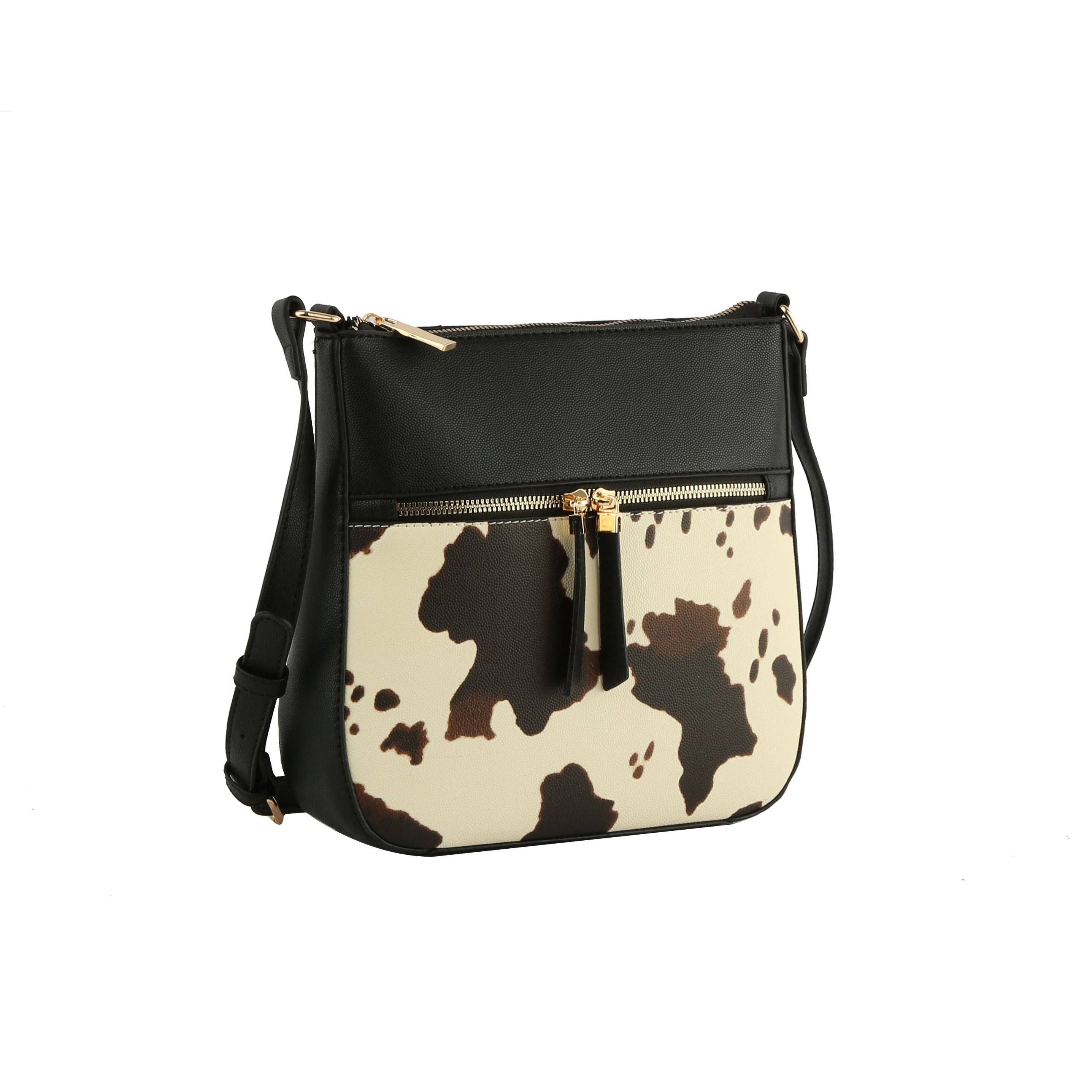 Cow Printed Crossbody Handbag Shoulder Bag: BLACK