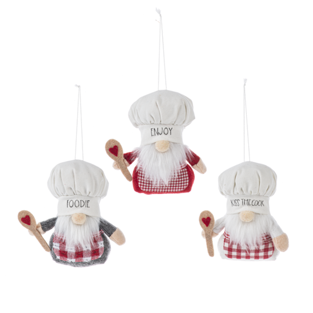 Fabric Gnome Chef Ornaments in 3 different styles - the foodie, kiss the cook and Enjoy!