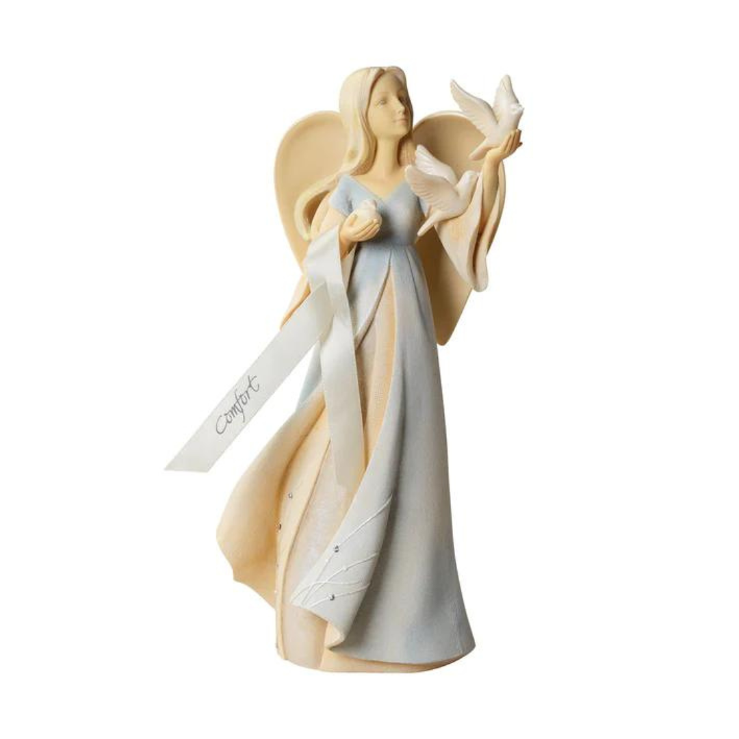 Comfort Angel figurine from the Enesco Foundations Collection with a dove symbolizing peace and a satin ribbon with comfort message. Hope and comfort gift.