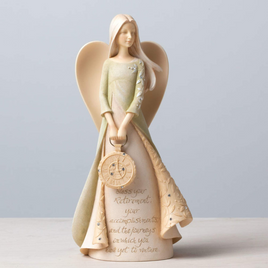 Retirement Blessings Angel 9.5 inches tall with "Bless your retirement, your accomplishments, and the journeys on which you have yet to venture" message. Enesco's Simply Inspired Angels Collection