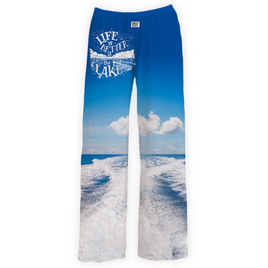 Life is better at the lake unisex lounge pants perfect for wearing at the lake. A polyester blend makes this pajama pant breathable and comfortable.