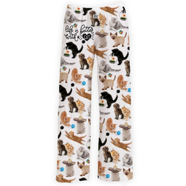 Cats and kittens lounge pants with "life is better with cats" saying on these fun cat-loving pajama pants