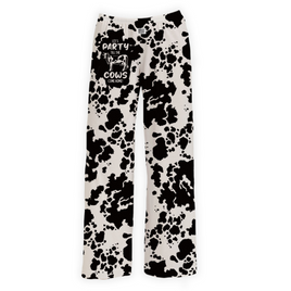 Party til the cows come home black and white cow print lounge pants for men and women. Polyester blend material for all day comfort pajama bottoms