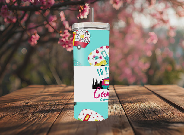 Video of the Camping-themed 20 oz skinny stainless tumbler with "I'd Rather Be Camping design; includes clear lid and straw.