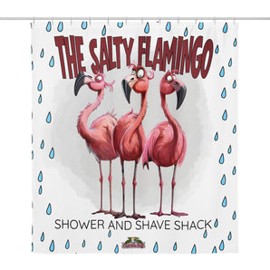 Cartoon flamingo shower curtain - "The Salty Flamingo Shower & Shave Shack"