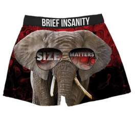 Elephant Boxers with Size Matters on elephant wearing sunglasses.  Red unisex boxer shorts by Brief Insanity