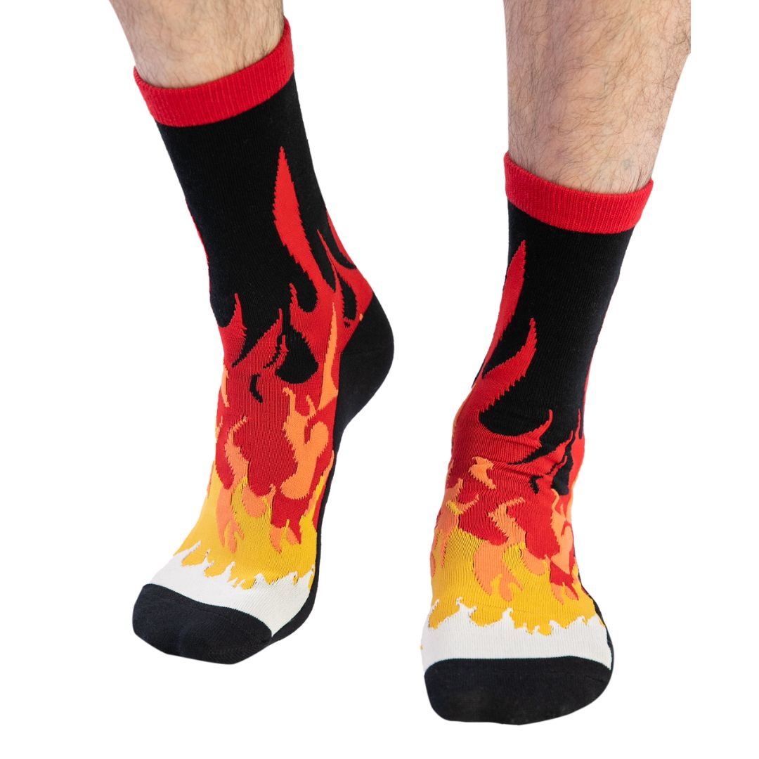 Unisex 'Smokin' Hot' crew socks with a vibrant flame design, made from a comfortable cotton blend, suitable for both men and women