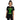Person wearing a black t-shirt with green text and graphic design on a white background