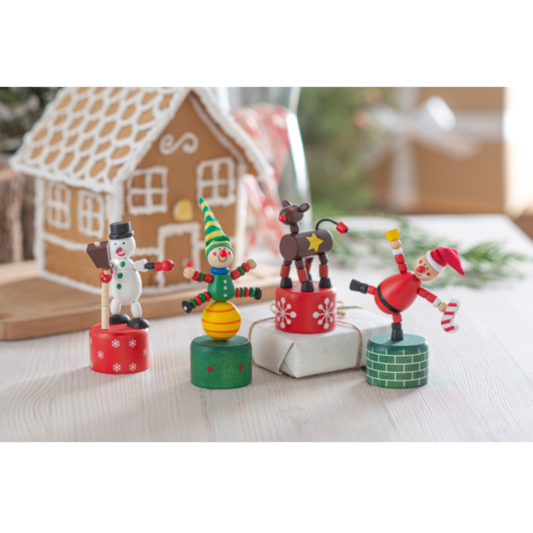Christmas Vintage Wooden Push-up Puppets including Santa, Snowman, Elf and reindeer. Nostalgic toys from years gone by.