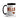 White mug with black interior and handle, featuring text and coffee beans on a white background