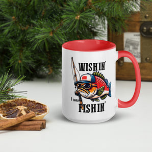 Wishin'I was Fishin' ceramic coffee mug - funny fish design with sunglasses and fishing rod - Chivilla Bay.