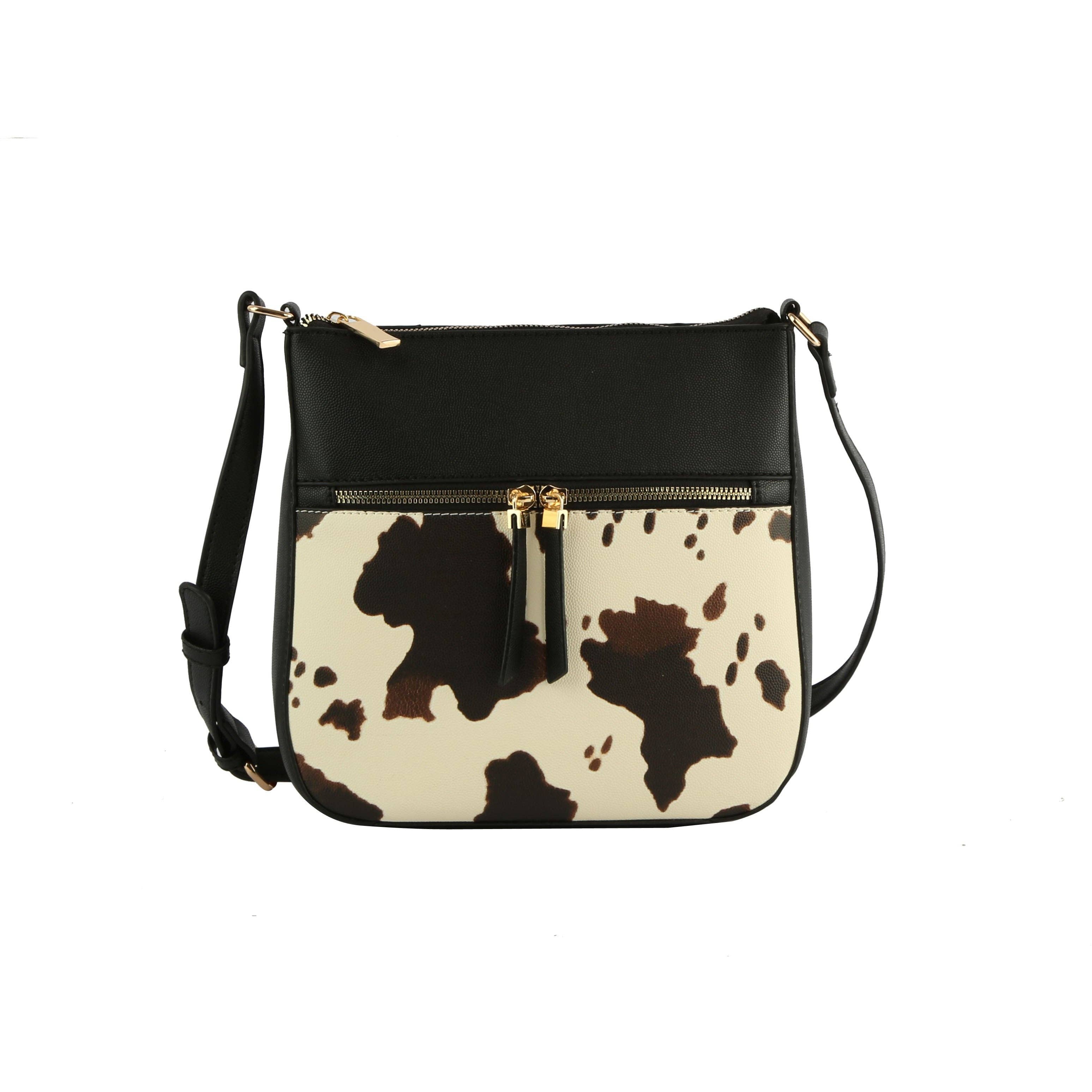 Cow Printed Crossbody Handbag Shoulder Bag: BLACK