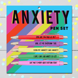 Check out our Anxiety Pen Set – a set of five pens, each in a different color shade. You've got a  red pen asking 'OMG, are you mad at me?', a purple one that's like 'BBB, let me overthink this', a  mellow-yellow pen musing 'Even my anxiety has anxiety', and two more in soft green and pink with equally amusing quips. Perfect for jotting down your most overthought thoughts!
