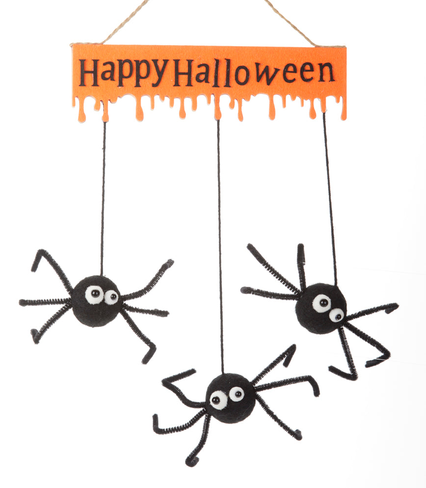 Happy Halloween Wool sign with 3 spiders hanging down from it. 