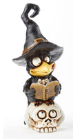 Black Crow in a Black witches hat sitting on a skull reading a spellbook halloween figurine 7.9 inches tall.