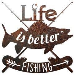 Life is better fishing rustic metal home decor sign featuring fishing rods, fish and the words - Life is better fishing on a cut out rusted piece of metal.