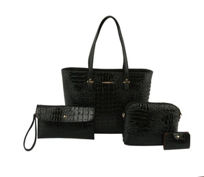 Purse 4 in 1 Crocodile Pattern Womens Purse and Tote Bag BLACK