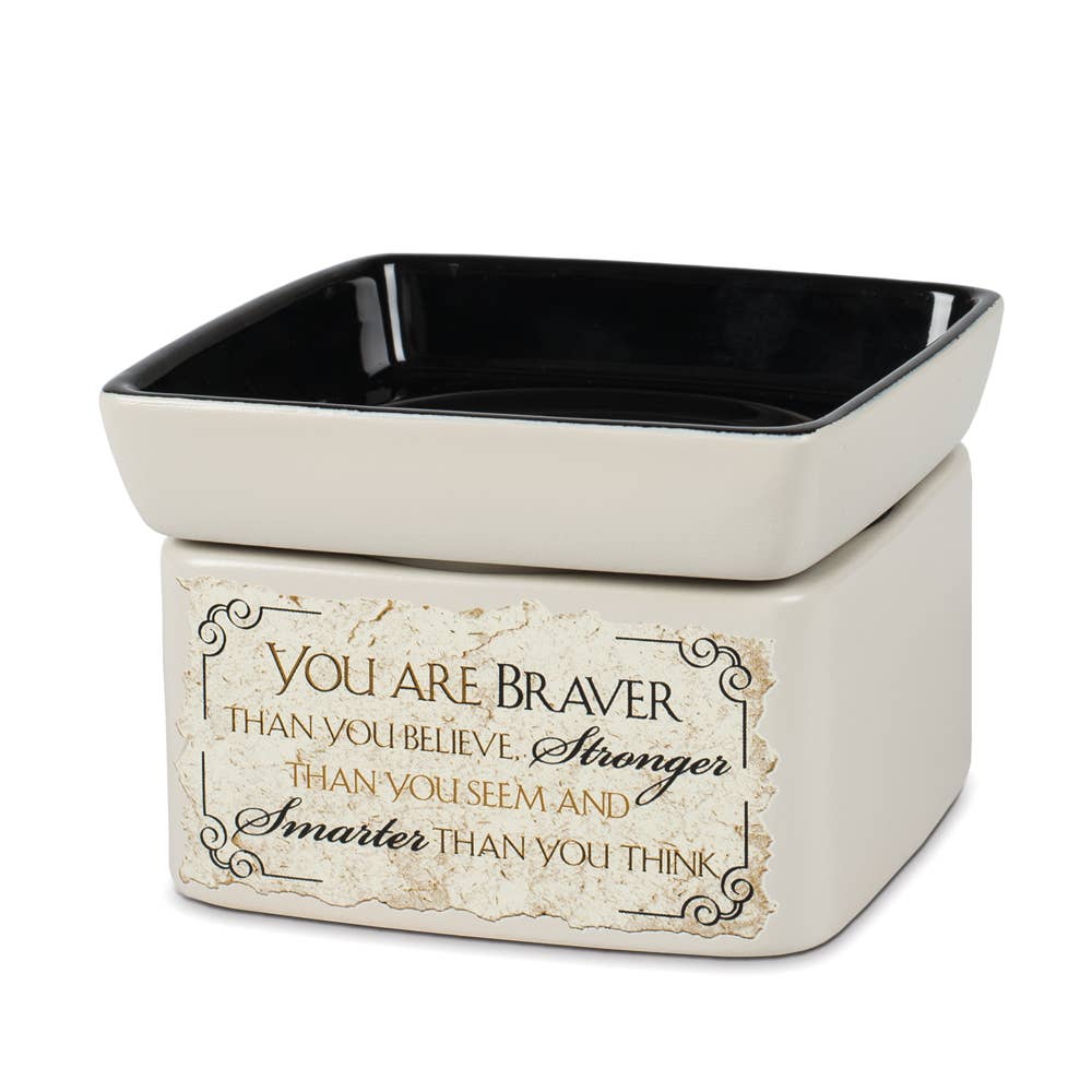 2 in 1 Plug in Candle Warmer with "you are braver than you believe. Stronger than you seem and Smarter than you think" inspirational message on front. Use with jar candles, wax melts, or scented oils. Requires 110V plug in