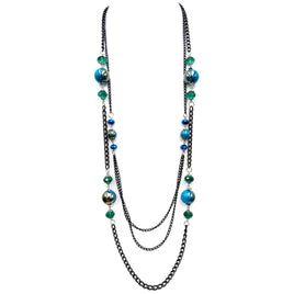 Necklace: Black Crystal Pearl Long Layered Necklace Ocean Blue